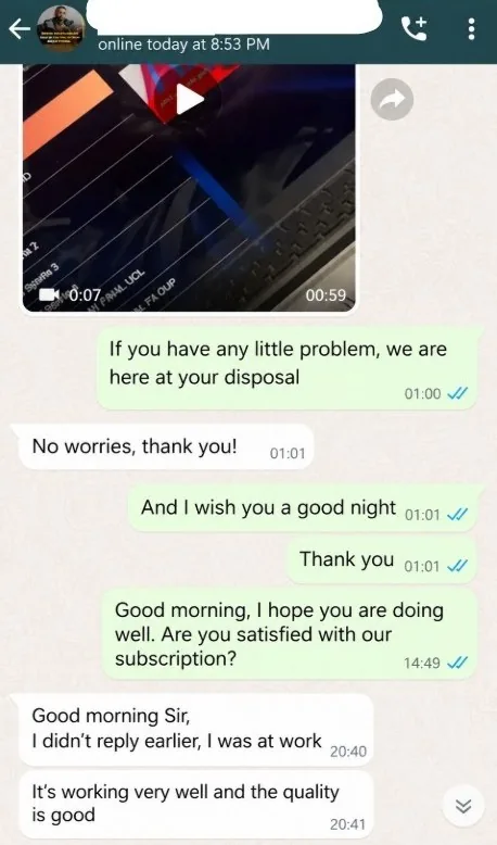 WhatsApp review from a MyrixTV customer