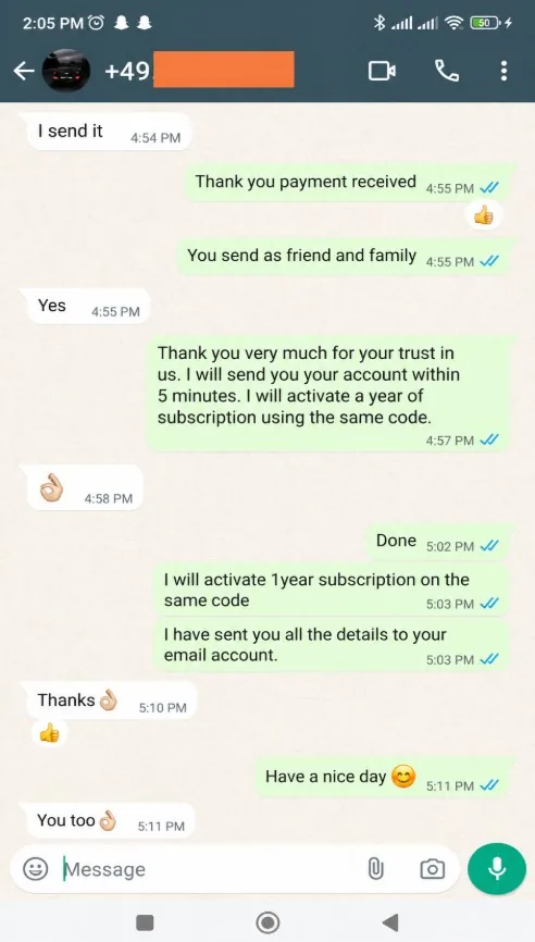 WhatsApp review from a MyrixTV customer