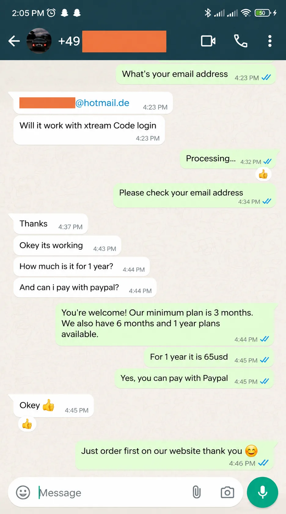 WhatsApp review from a MyrixTV customer