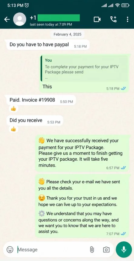 WhatsApp review from a MyrixTV customer